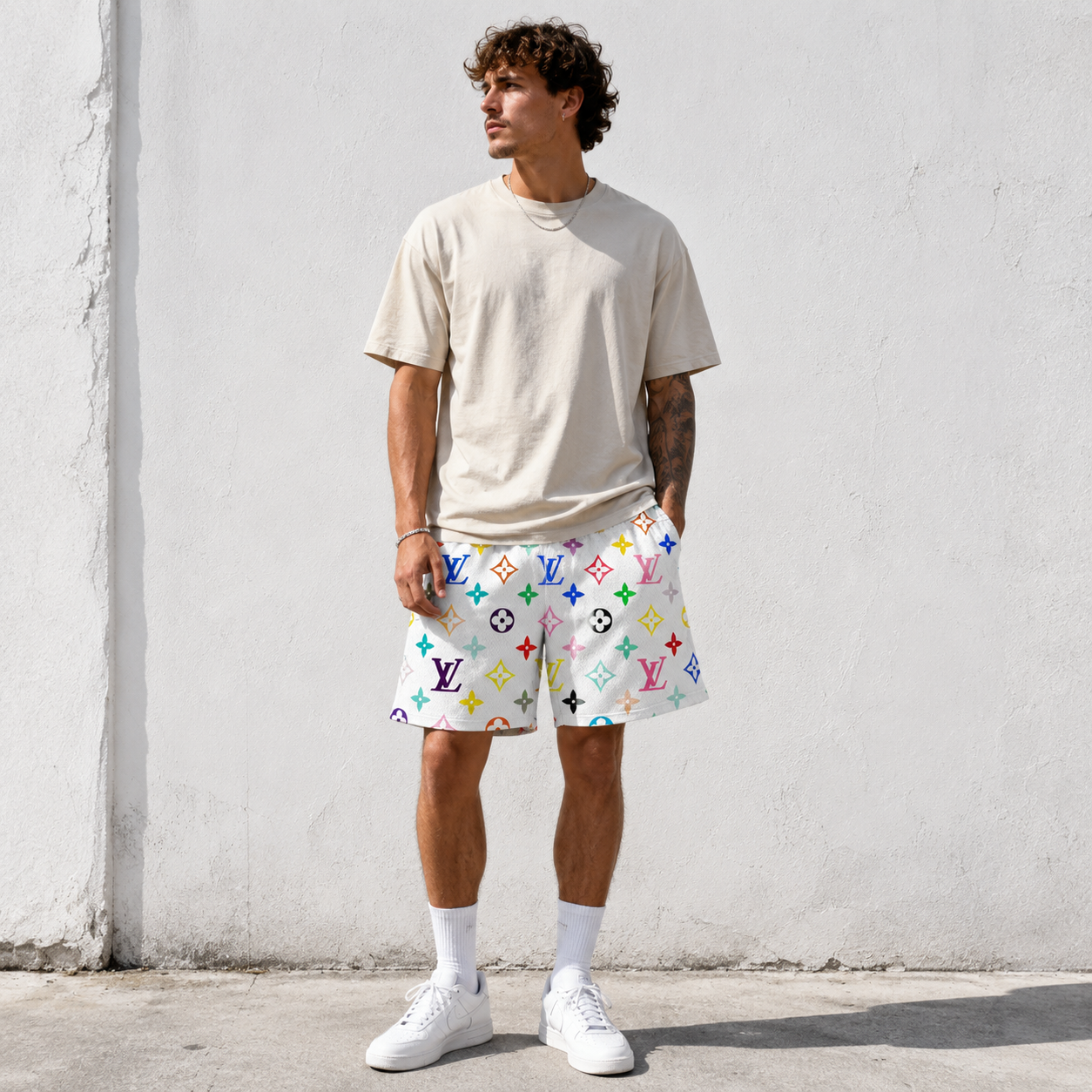 White Multicolor Star Shorts